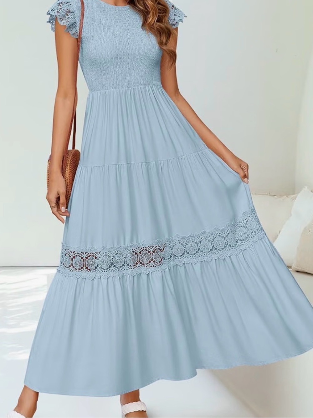 Women's Light Blue Lace Tiered Maxi Dress